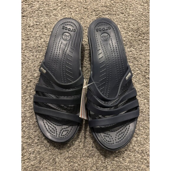 Crocs Rubber Rhonda Women Sandals Size 11 Navy Blue Wedge Slip On Slides - Picture 2 of 9